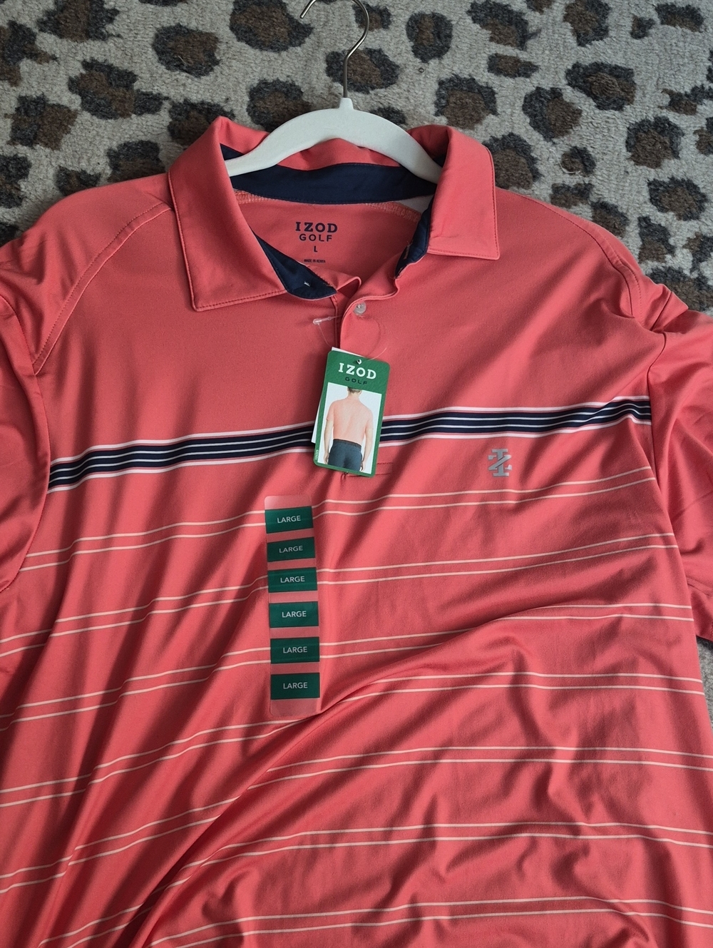 Izod Men's Coral Polo with Navy & White Stripe Detail